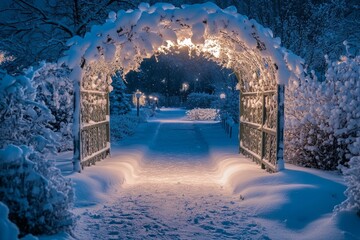 Frosty trellis leading into a snow-covered garden under moonlight, Generative AI