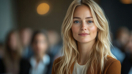 Confident businesswoman in modern office setting.