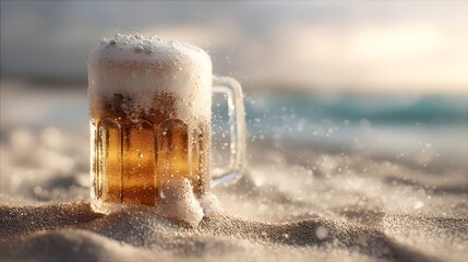 Refreshing beer with thick foam in a glass mug resting on the sand against the backdrop of a serene beach.