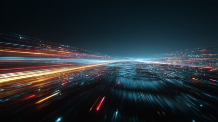 Futuristic digital landscape with vibrant light trails and data streams