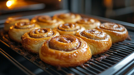 Freshly baked cinnamon rolls on a wire rack inside an oven.