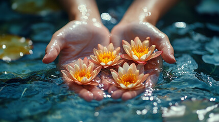 Gentle hands holding delicate lotus flowers in water.