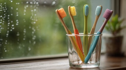 Obraz premium Toothbrushes placed in a glass with a blurred backdrop.