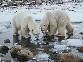 Polar bears playing on an icy shoreline under a soft winter sky, Generative AI