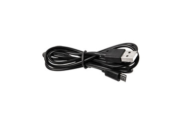 Black USB A to micro USB charging and data cable, coiled with a twist tie, isolated on white back