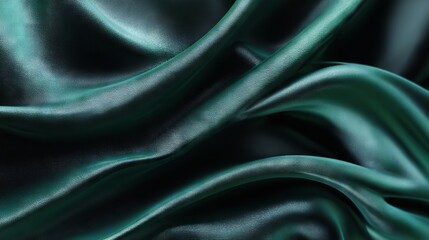 Obraz premium Dark teal to emerald green silk satin drapery background with luxurious aventurine shimmer, gradient wave stripes, glittering texture and soft shadow lines for an elegant abstract design