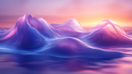 Abstract, vibrant, surreal landscape of sculpted, translucent mountains under a colorful sunset.