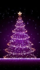 Purple Christmas Tree with Sparkling Lights on a Dark Background, Festive Holiday Decoration