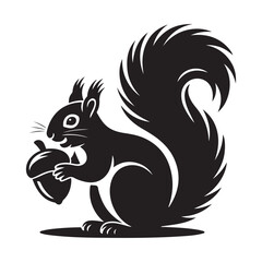 squirrel with bushy tail holding a nut Vector black silhouette. with white background