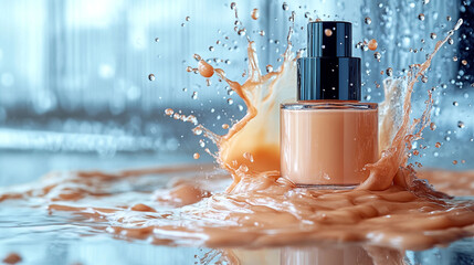 Liquid foundation bottle with water splash.