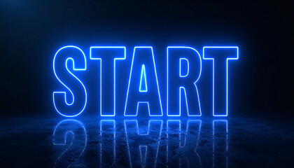 Neon glowing text START on dark backdrop.