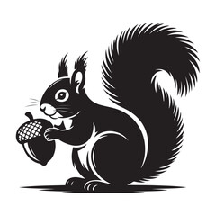 squirrel with bushy tail holding a nut Vector black silhouette. with white background