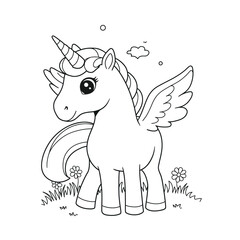 Cute Winged Unicorn Coloring Page. Vector illustration.