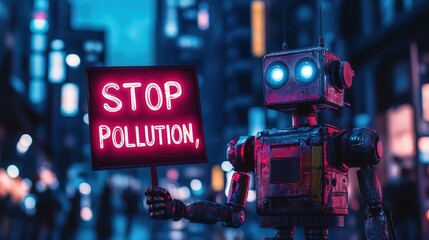 Robot Protesting Pollution in Urban Setting