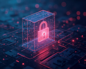 Glowing pink padlock over digital network security background