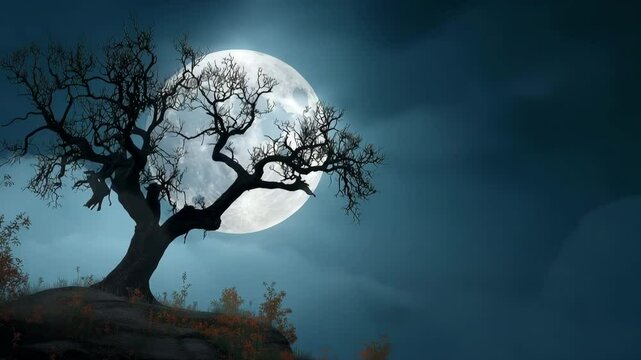 Halloween backdrop with a spooky dead tree silhouette at night under a full moon