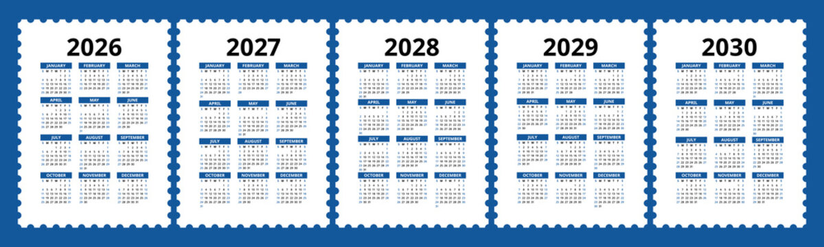 Calendar set from 2026, 2027, 2028, 2029 and 2030 year. Vector layout. Week starts on Sunday. January, February, March, April, May, June, July, August, September, October, November, December