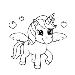 Cute Winged Unicorn Coloring Page. Vector illustration.