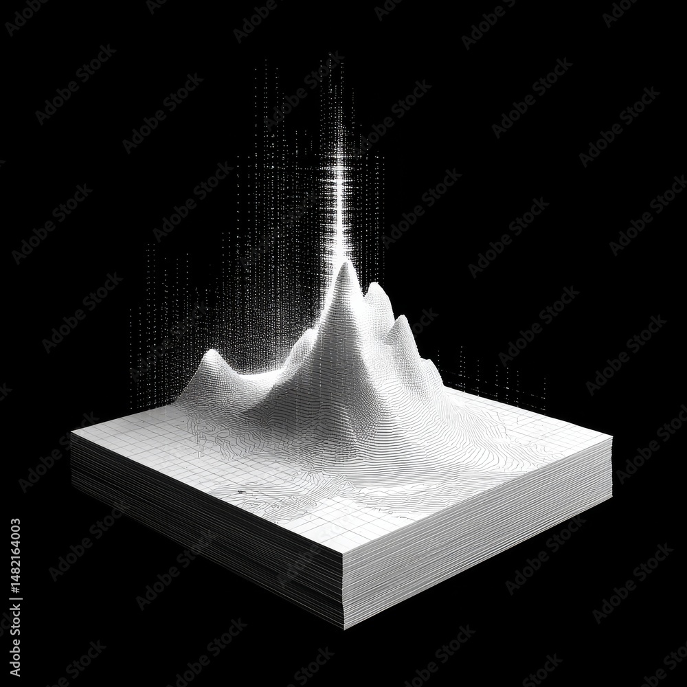 Poster data mountain: a monochrome abstract topographic visualization with digital light rays on a black ba