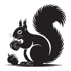 squirrel with bushy tail holding a nut Vector black silhouette. with white background