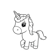 Cute Winged Unicorn Coloring Page. Vector illustration.