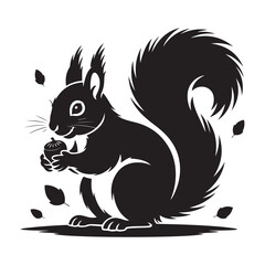 squirrel with bushy tail holding a nut Vector black silhouette. with white background