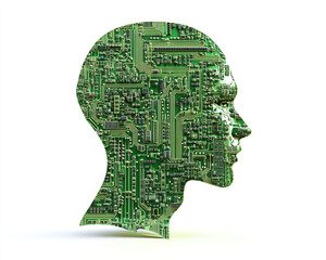 A green, human-shaped figure covered in circuit board patterns, representing artificial intelligence or advanced technology. The head is shown in profile against a light background.