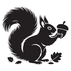 squirrel with bushy tail holding a nut Vector black silhouette. with white background
