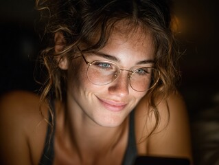 Bright woman with glasses smiling at her phone in low light setting.