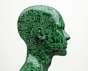 A green, human-shaped figure covered in circuit board patterns, representing artificial intelligence or advanced technology. The head is shown in profile against a light background.