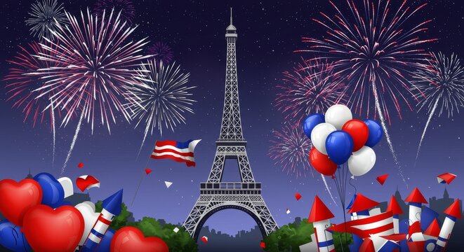 Pixel Art Illustration: Eiffel Tower with Fireworks Bastille Day Celebration