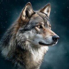 Obraz premium Majestic Gaze: A Portrait of a Gray Wolf Amidst Falling Snow, Capturing the Essence of the Wild in the Winter Wilderness