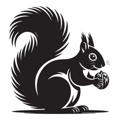 squirrel with bushy tail holding a nut Vector black silhouette. with white background