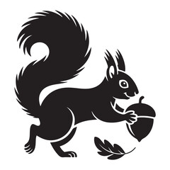 squirrel with bushy tail holding a nut Vector black silhouette. with white background