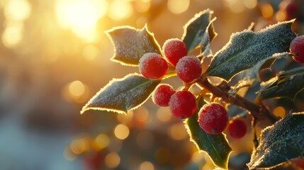 Frost-covered holly berries glinting in the soft glow of winter sunlight, Generative AI