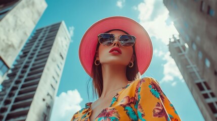 Fashion-forward woman in red leather jacket and bold lipstick leaning against concrete wall, dramatic street-style portrait.