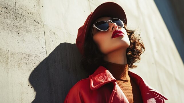 Stylish woman in bright urban setting wearing sunglasses and a pink sunhat, framed by city skyscrapers on a sunny day.