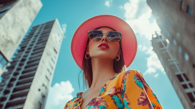 Fashion-forward woman in red leather jacket and bold lipstick leaning against concrete wall, dramatic street-style portrait.