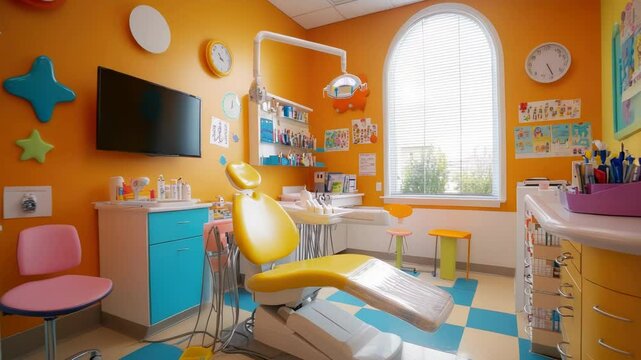 Colorful pediatric dental clinic interior with vibrant dental chair, playful decorations,bright walls,child-friendly atmosphere designed to create comfortable,fun experience for young patients.