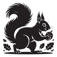 squirrel with bushy tail holding a nut Vector black silhouette. with white background