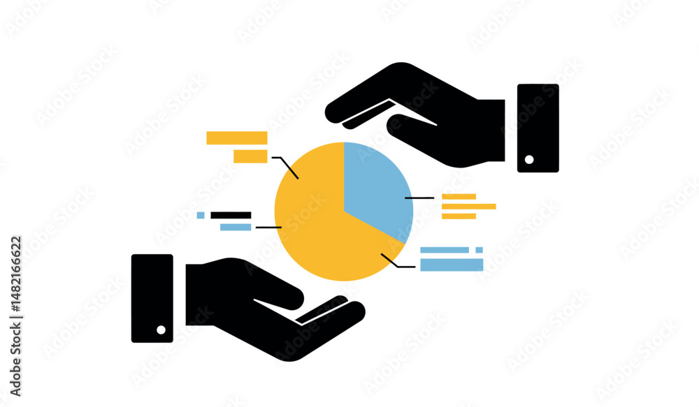 Poster hand gestures presenting colorful pie chart for business analytics and data sharing