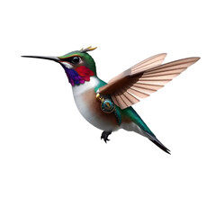 Steampunk Hummingbird with Metallic Feathers on Transparent Background