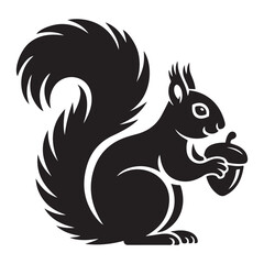 squirrel with bushy tail holding a nut Vector black silhouette. with white background