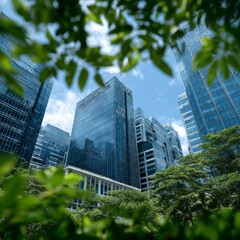 Urban Oasis: Skyscrapers Framed by Lush Greenery, a Blend of Modern Architecture and Natural Beauty