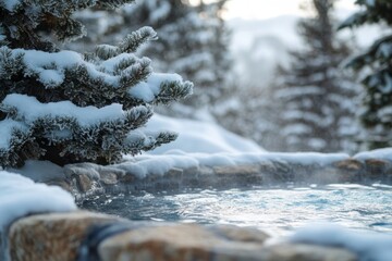 Steam rising from an open-air tub surrounded by icy evergreens, Generative AI