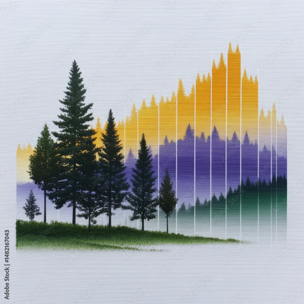 Poster whimsical horizon: layered landscape of trees and gradient color, a blend of reality and artistic im