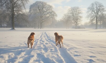 Dogs playing fetch in a snowy park with tracks leading across the field, Generative AI