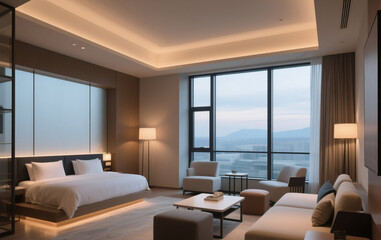 Fototapeta premium Modern hotel interior with large windows, and soft lighting.