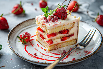 a piece of cake with strawberries on a plate