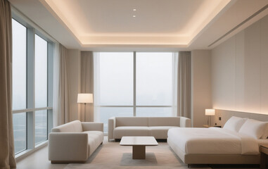 Fototapeta premium Modern hotel interior with large windows, and soft lighting.